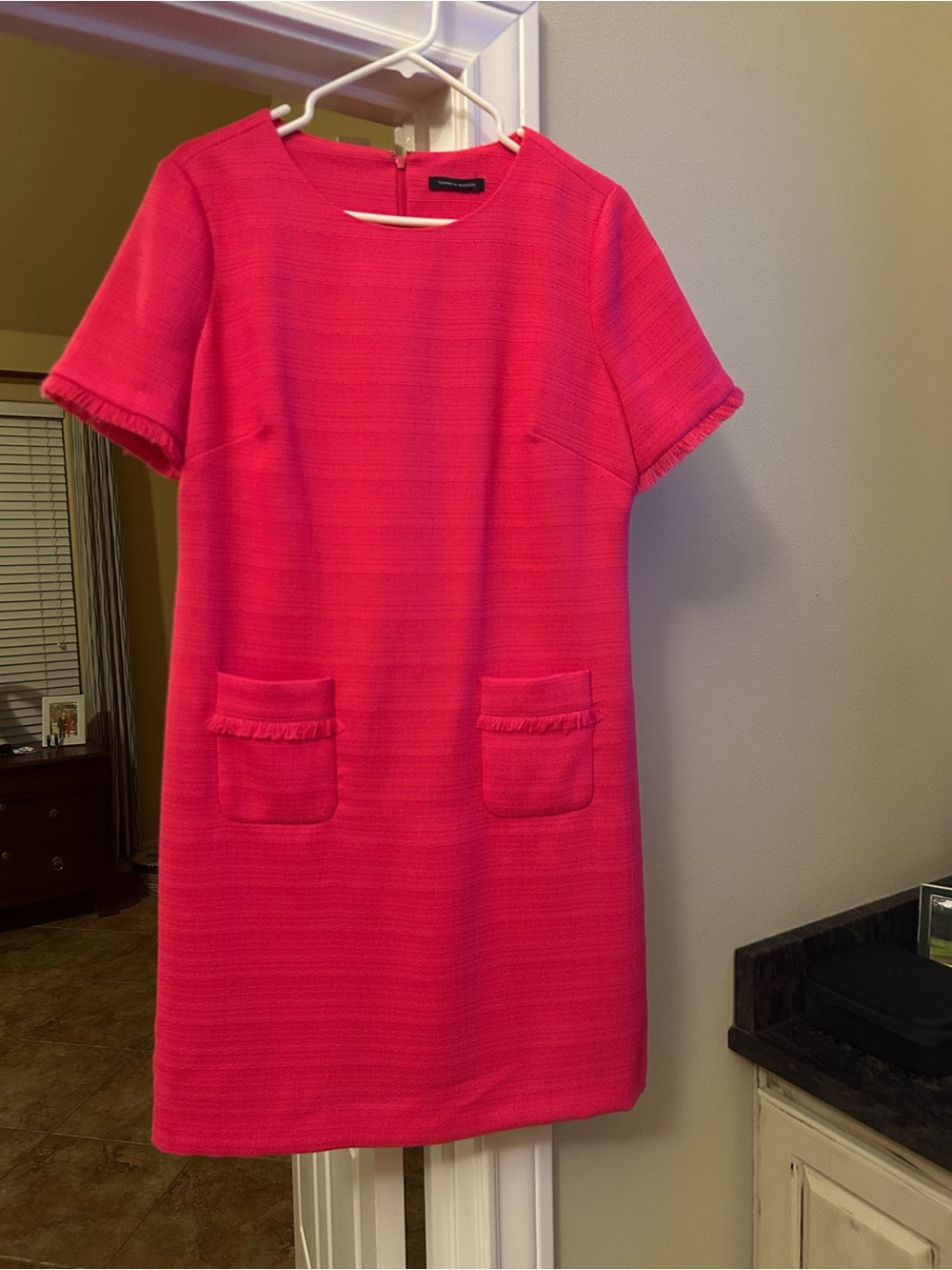 Tommy Hilfiger Bright Pink Short-Sleeve Shift Dress with Fringed Pockets